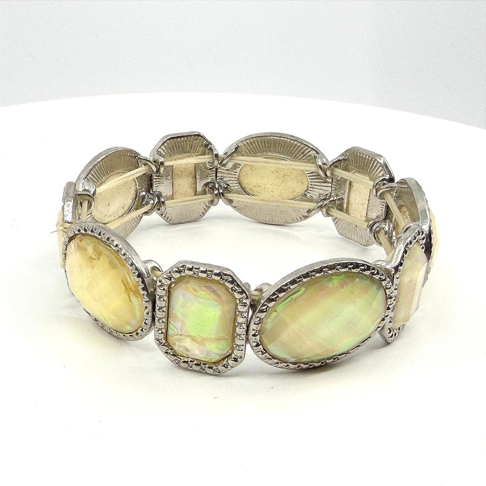 Vintage Silver Tone Iridescent Faux Opal Panel‎ Stretch Bracelet Statement Retro